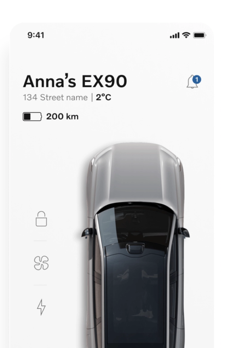 Volvo Cars app dhe pamje nga sipër e një makine EX90