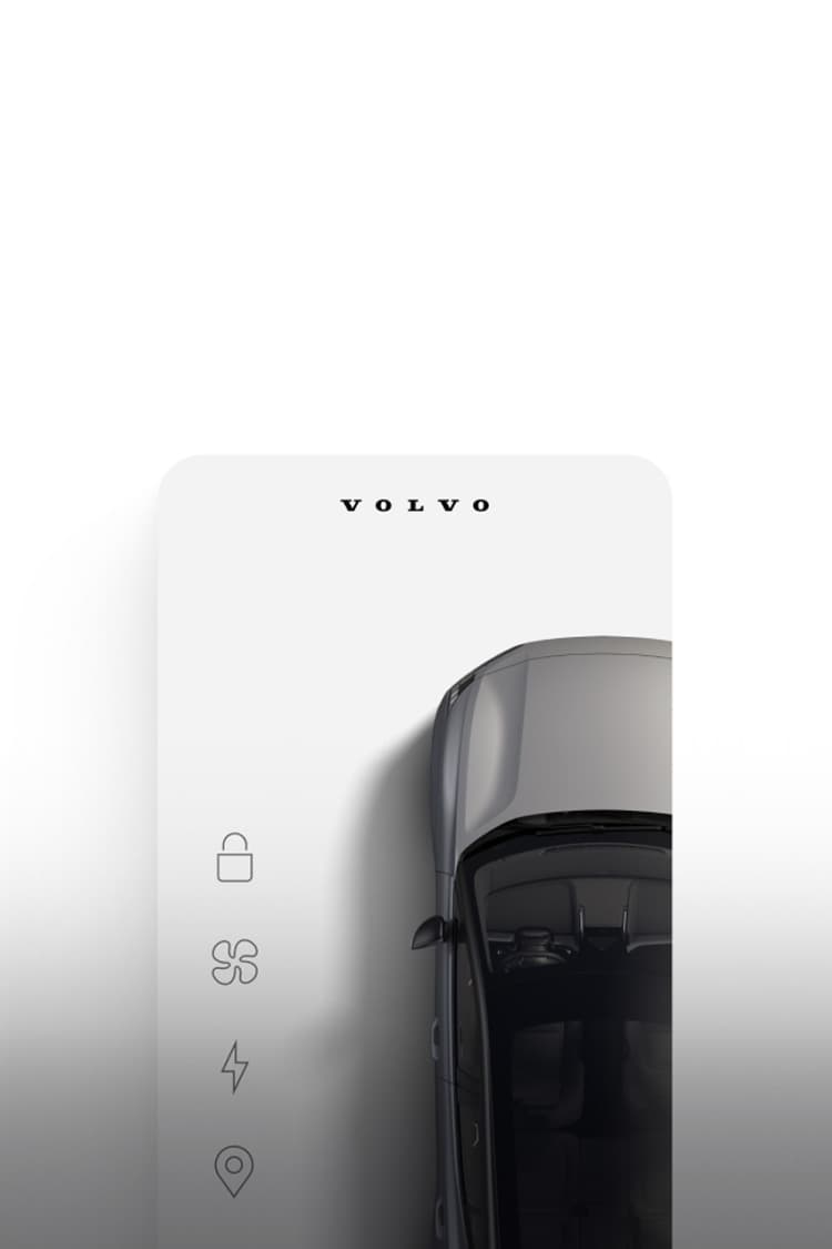 Una imagen de un Volvo con tres iconos tal y como podrían aparecer en la pantalla del smartphone de un usuario de la aplicación Volvo Cars.