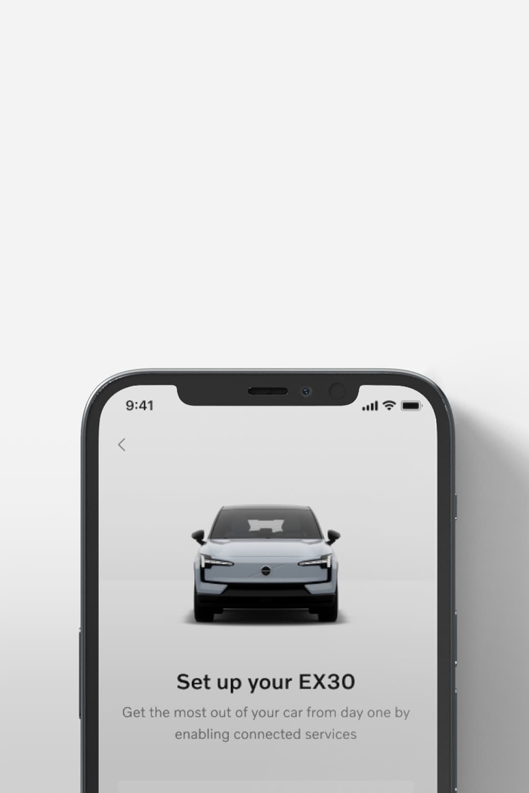Volvo Cars app pentru EX30 și imaginea din față a unui Volvo EX30