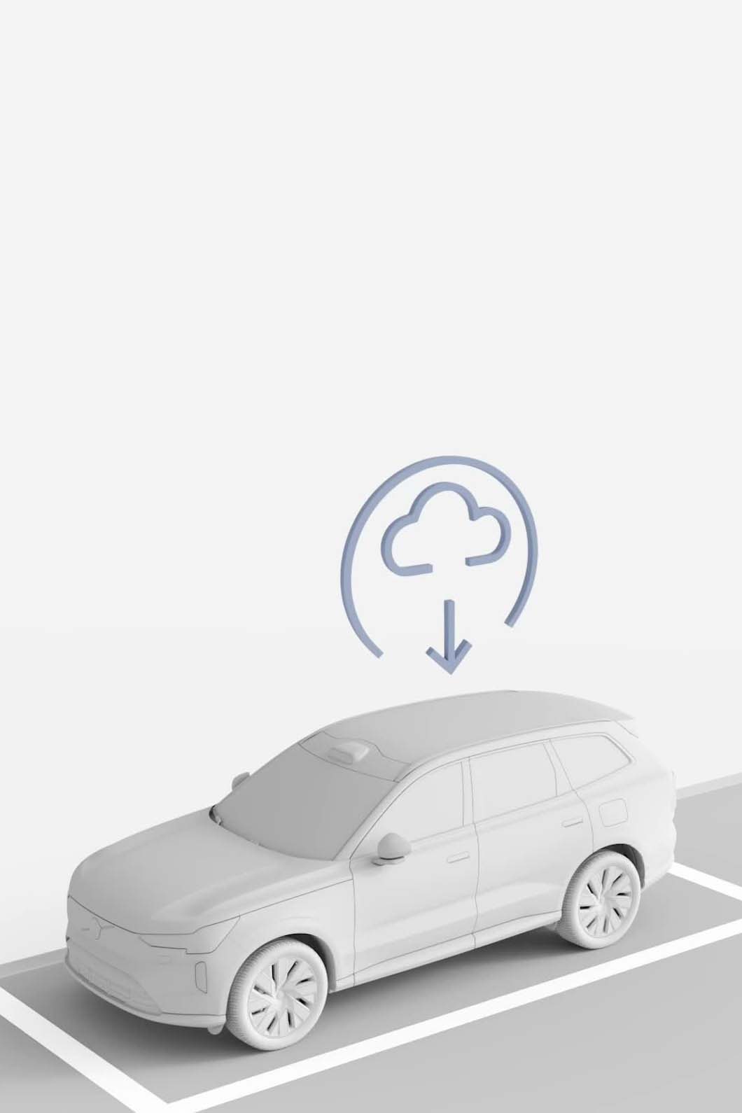 Ilustracja przedstawiająca samochód Volvo pobierający aktualizację oprogramowania z chmury