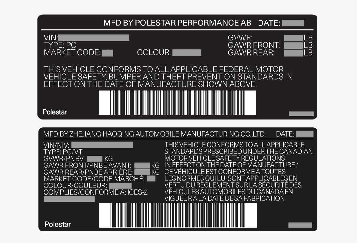 PS2-2222-Label, FMVSS specifications for USA and CMVSS standards for Canada