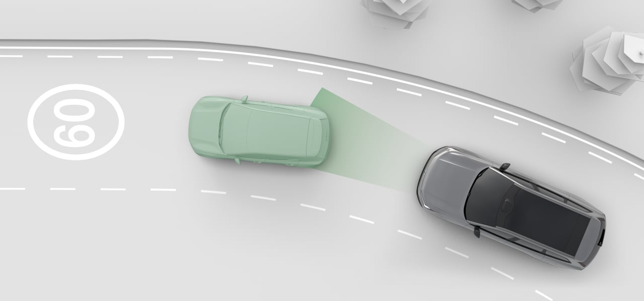 Two cars on a road from above