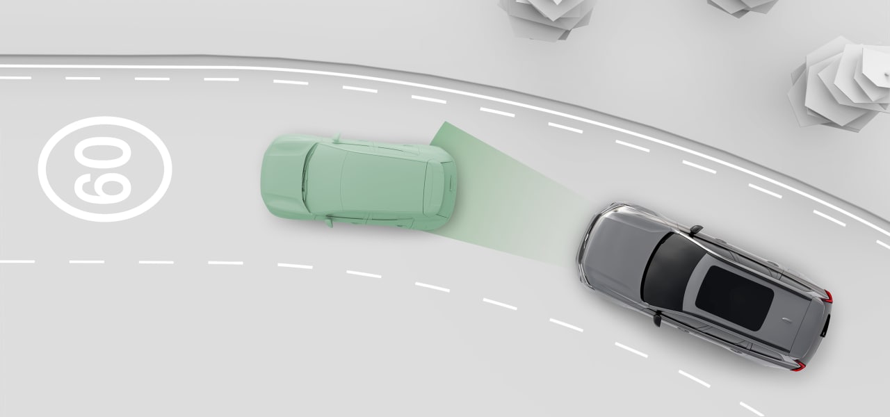 Two cars on a road from above