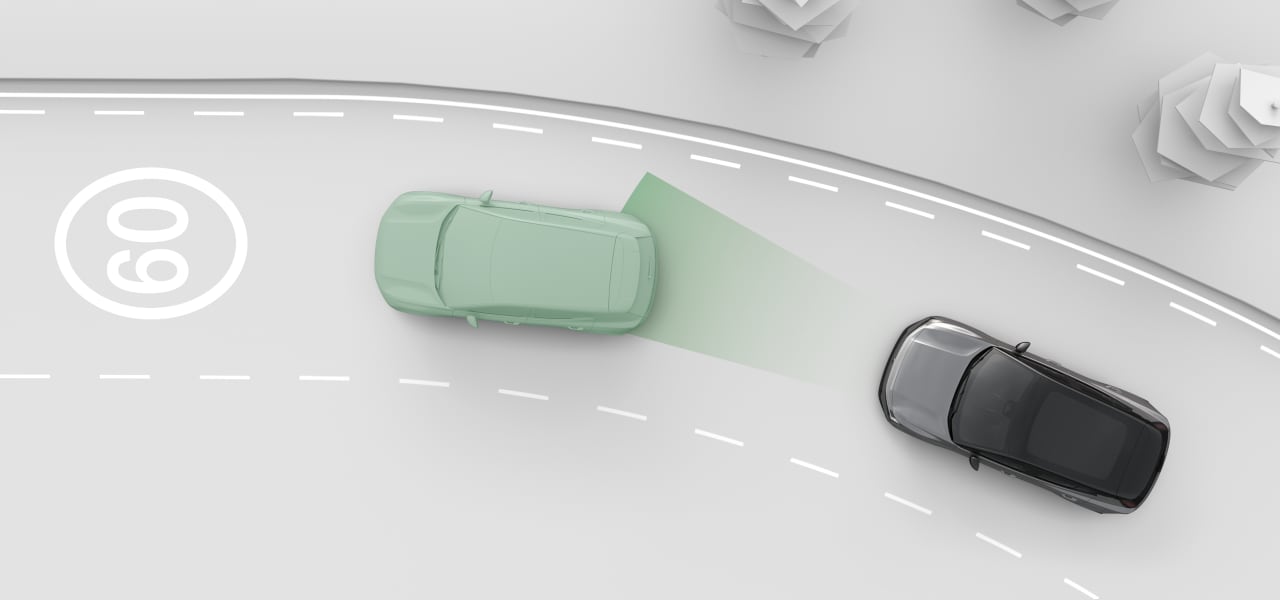 Two cars on a road from above