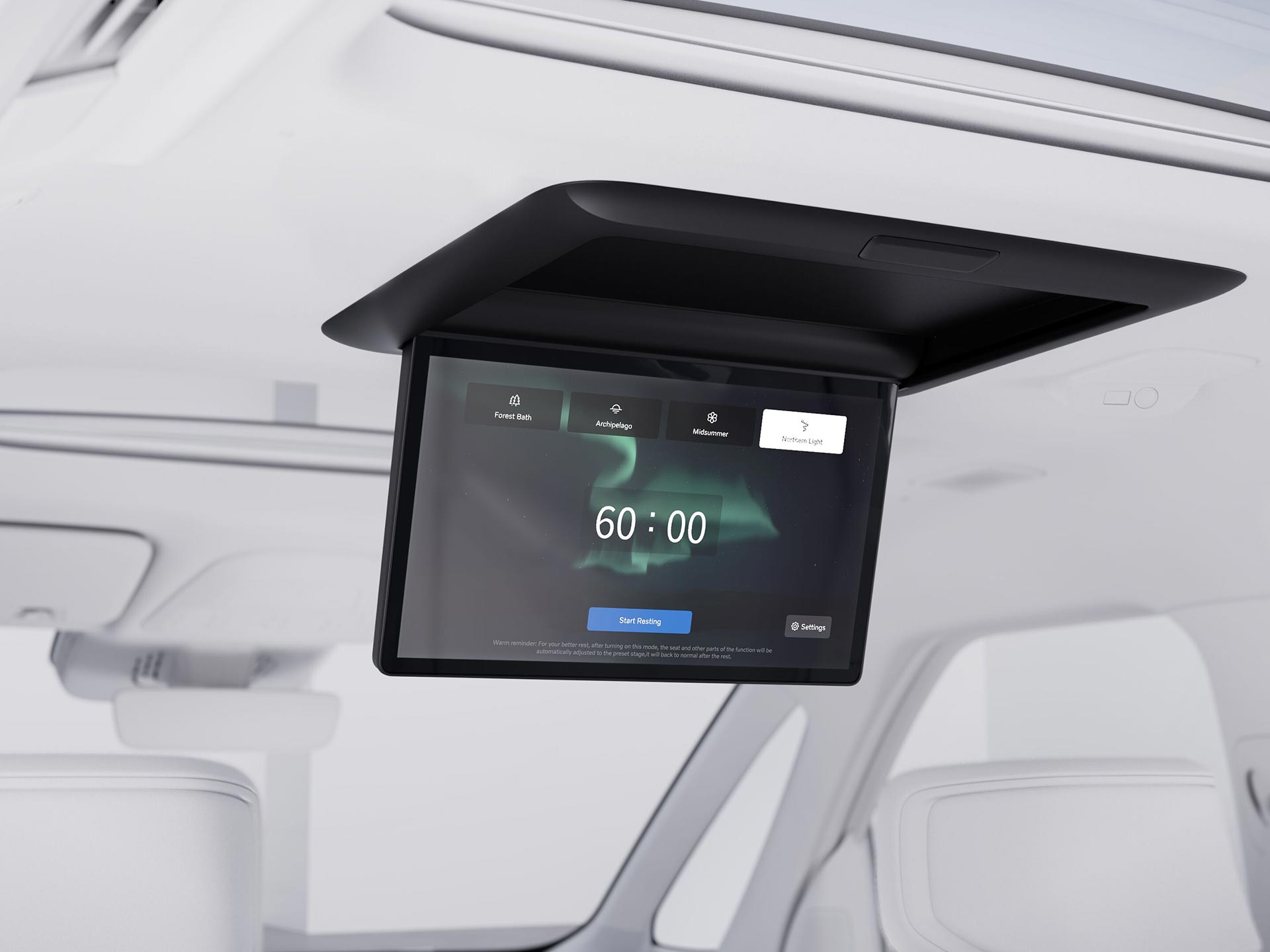 Image of the Volvo EM90 roof display folded down and showing the Rest Mode interface.