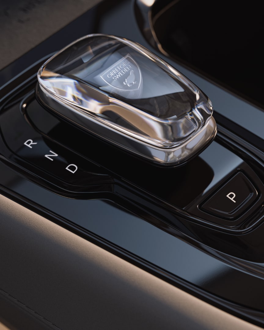 Close-up image of the Orrefors crystal gear shift featured in the Volvo EM90.