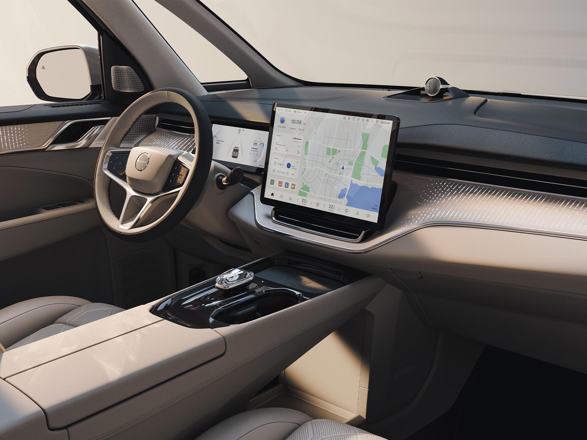 Image of the Orrefors crystal gear shift, wireless charger and storage featured in the fully electric EM90.