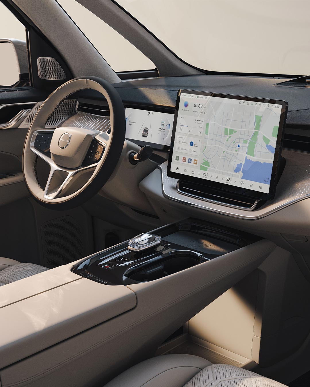 Image of the Orrefors crystal gear shift, wireless charger and storage featured in the fully electric EM90.