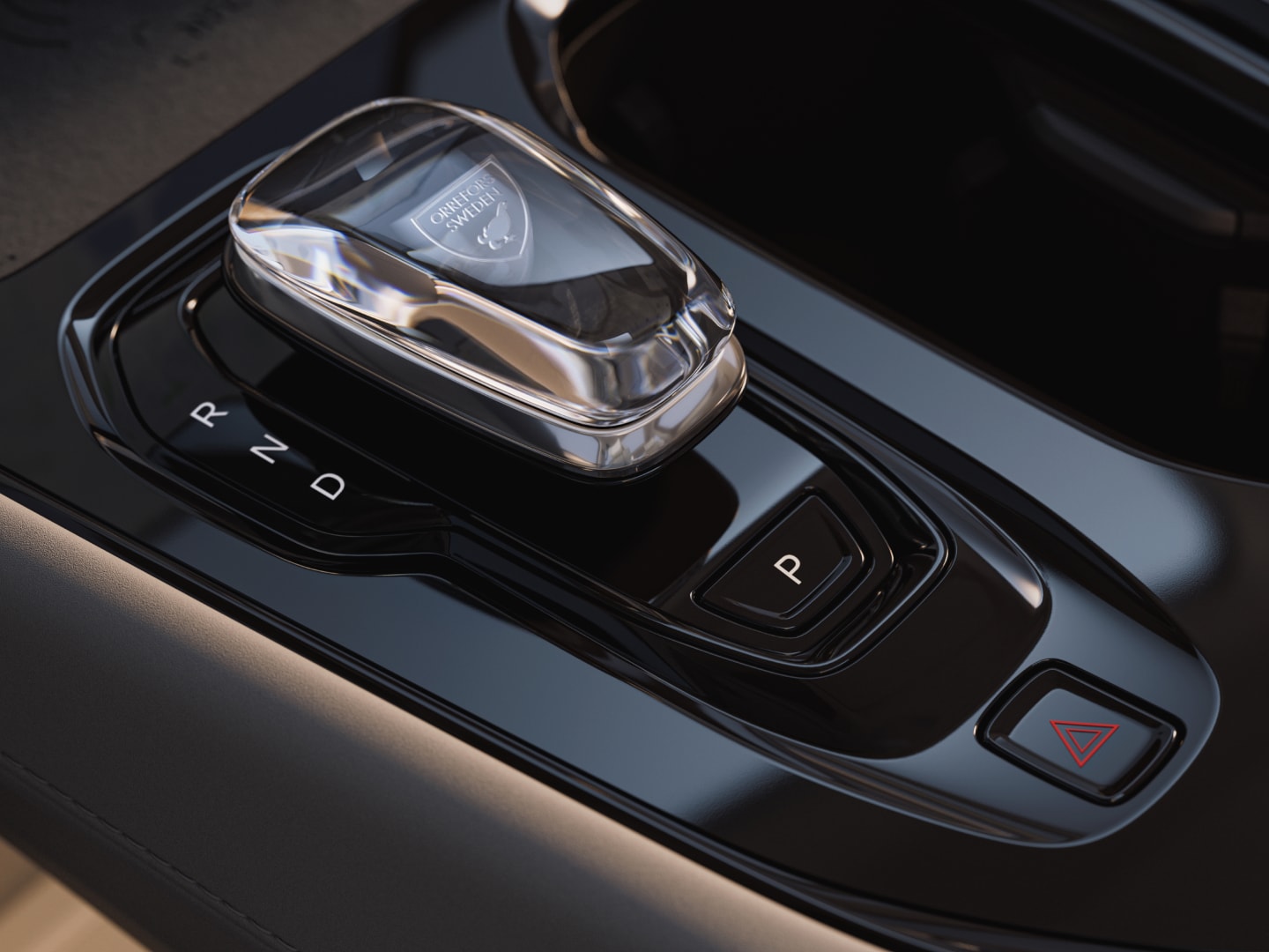 Close-up of the exclusive Orrefors gear shift available in the fully electric EM90.