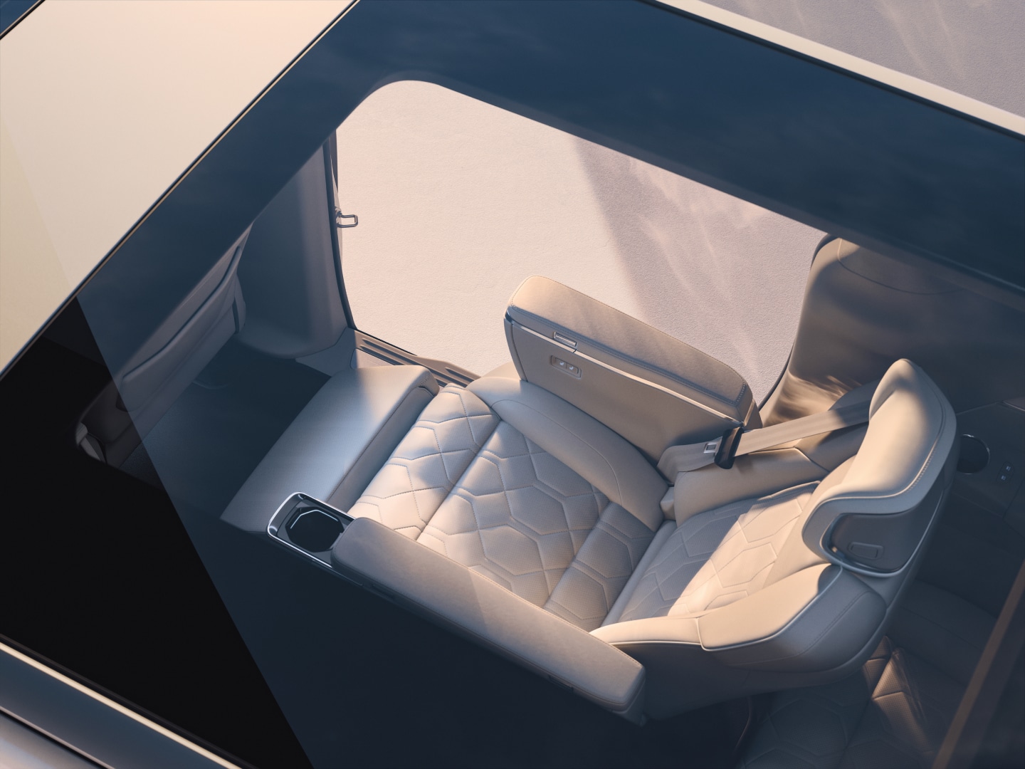 One of the two second-row lounge seats featured in the Volvo EM90 viewed from outside through the panoramic roof.