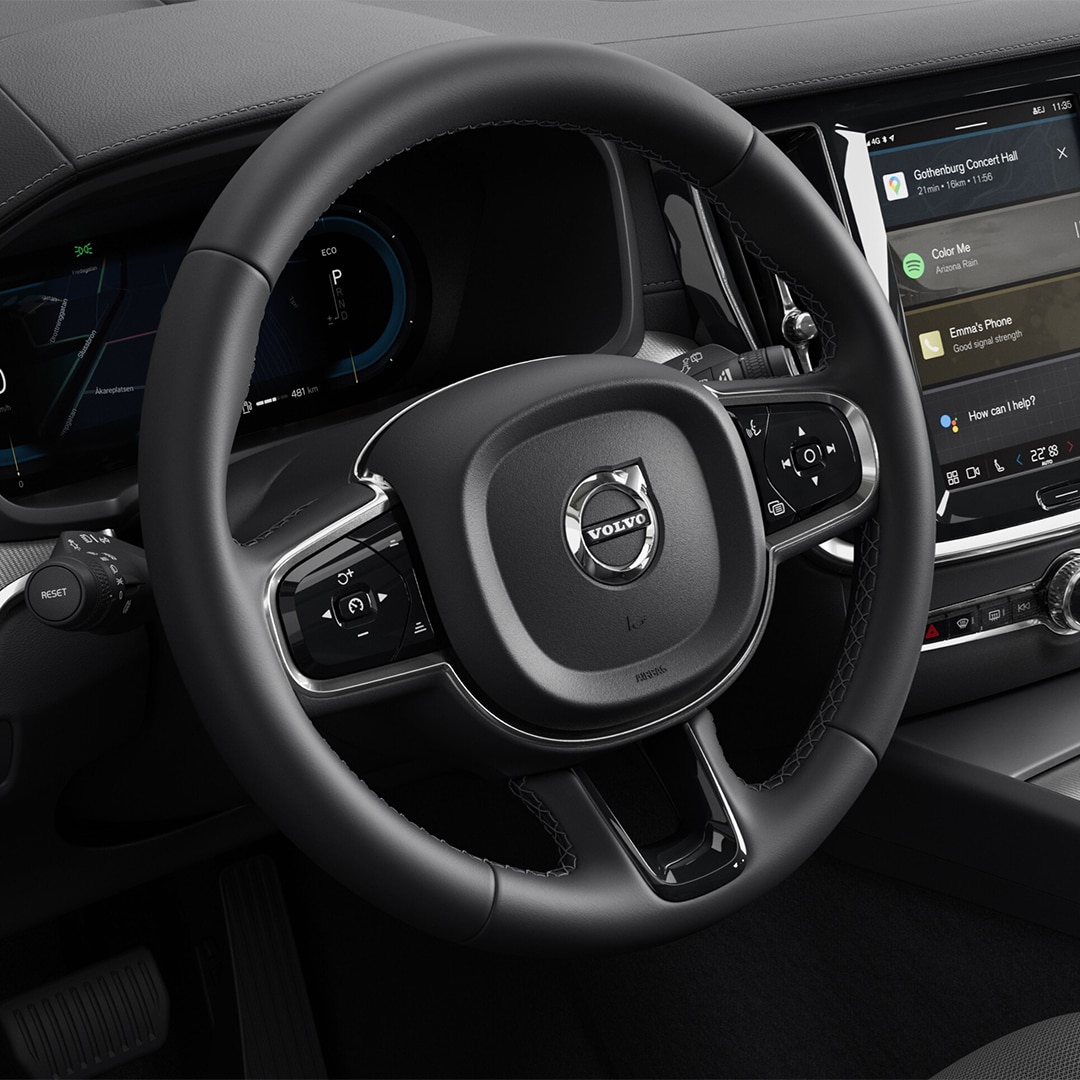 The Volvo S60 mild hybrid’s steering wheel, instrument panel, centre console and infotainment touchscreen.