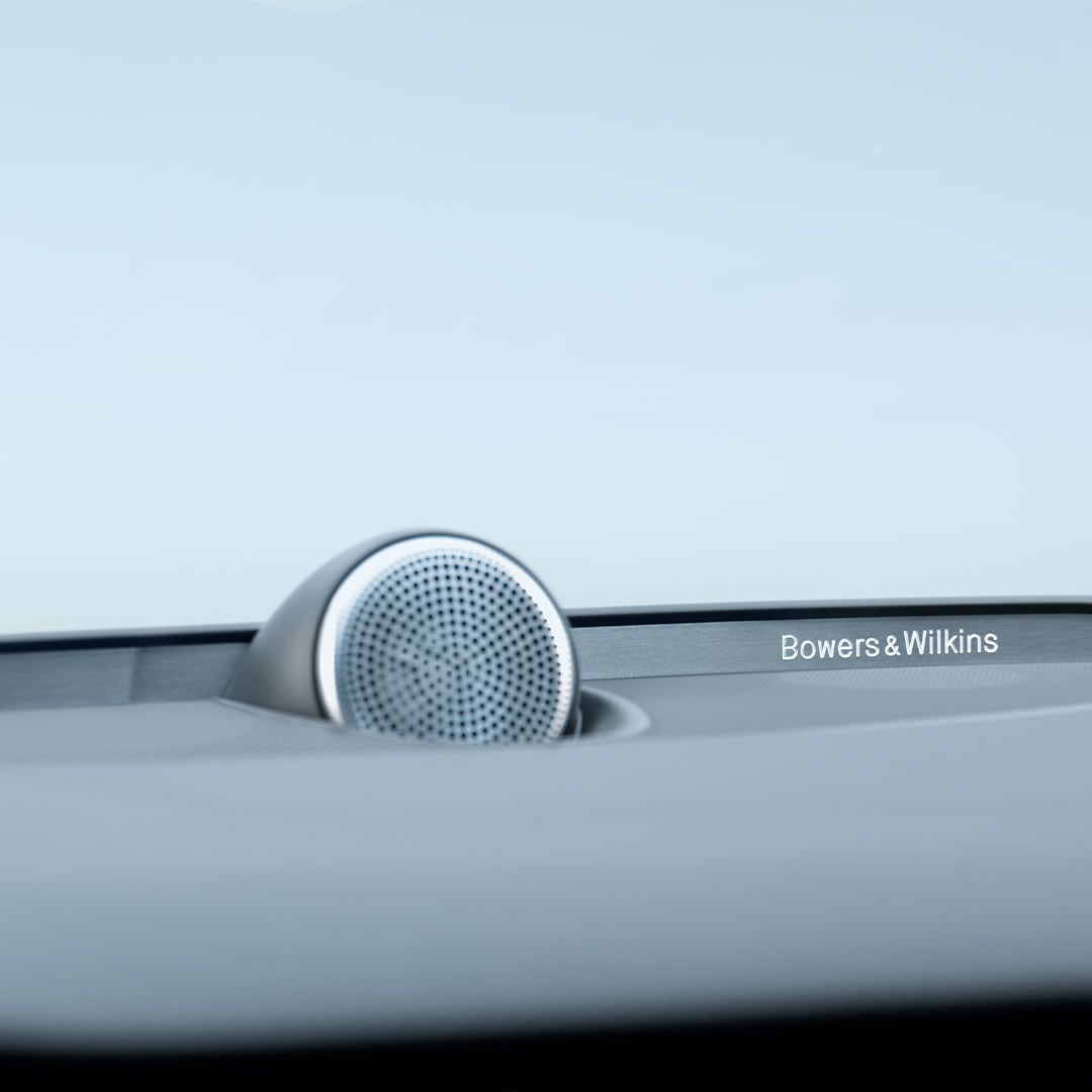 Close-up of a Bowers & Wilkins dashboard speaker in the Volvo S60 mild hybrid.