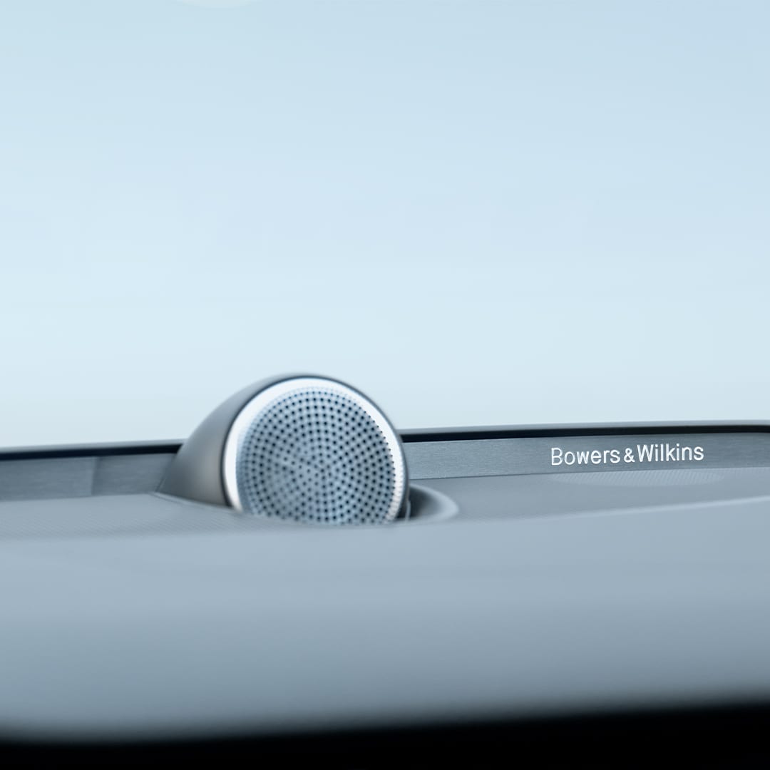 Close-up of a Bowers & Wilkins dashboard speaker in the Volvo Recharge S60 plug-in hybrid. 