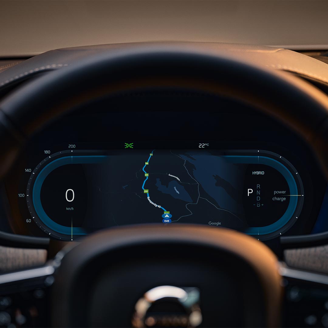 Close-up image of the driver display from the inside of a Volvo S90 Plug-in hybrid.