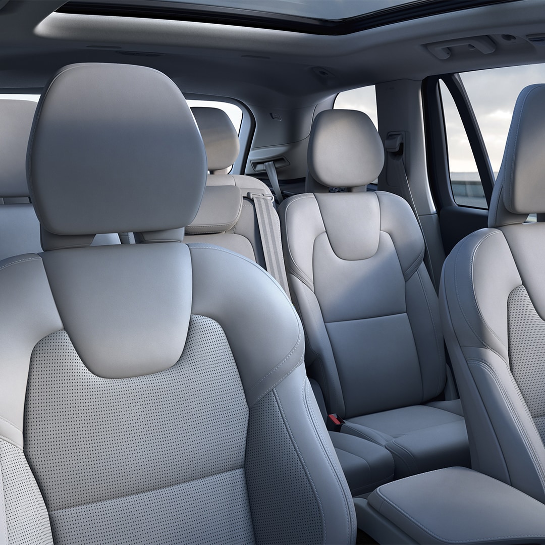 Wide-angle view of the seven soft Nappa leather seats in the Volvo XC90 mild hybrid SUV cabin. 