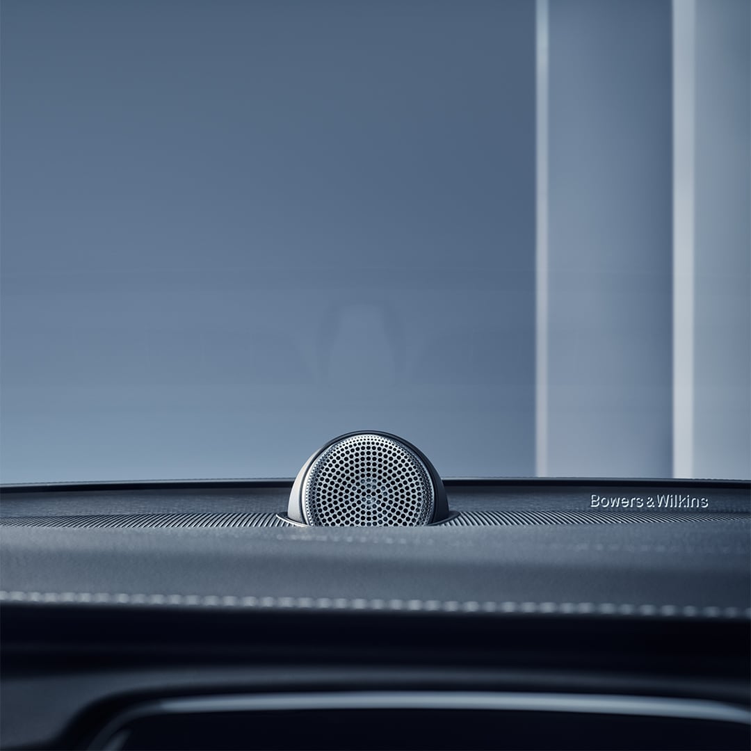 Close-up of a Bowers & Wilkins dashboard speaker in Volvo XC90 mild hybrid SUV.