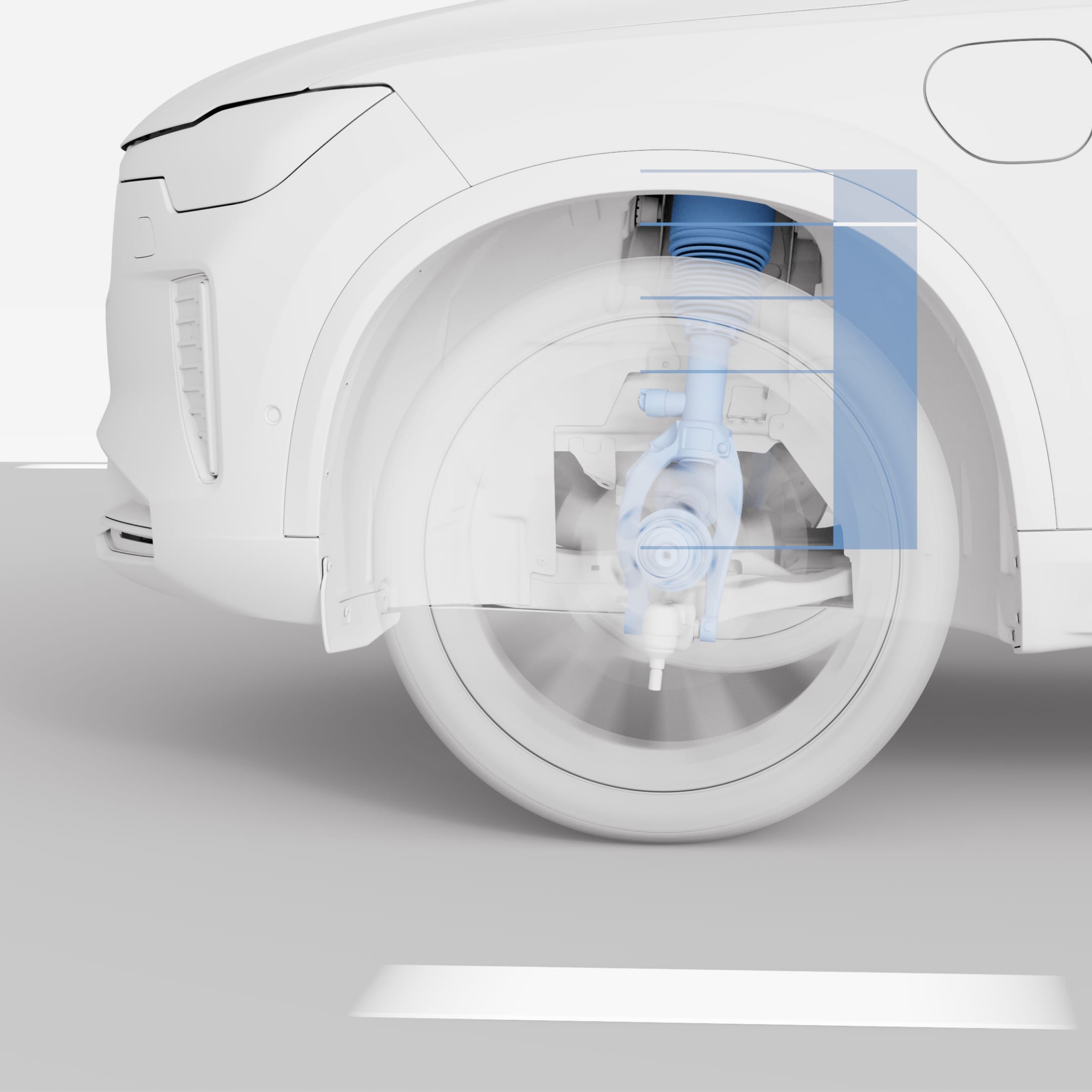 Technisch detailbeeld van de luchtvering en schokdempers in een Volvo XC90 Plug-in hybrid.