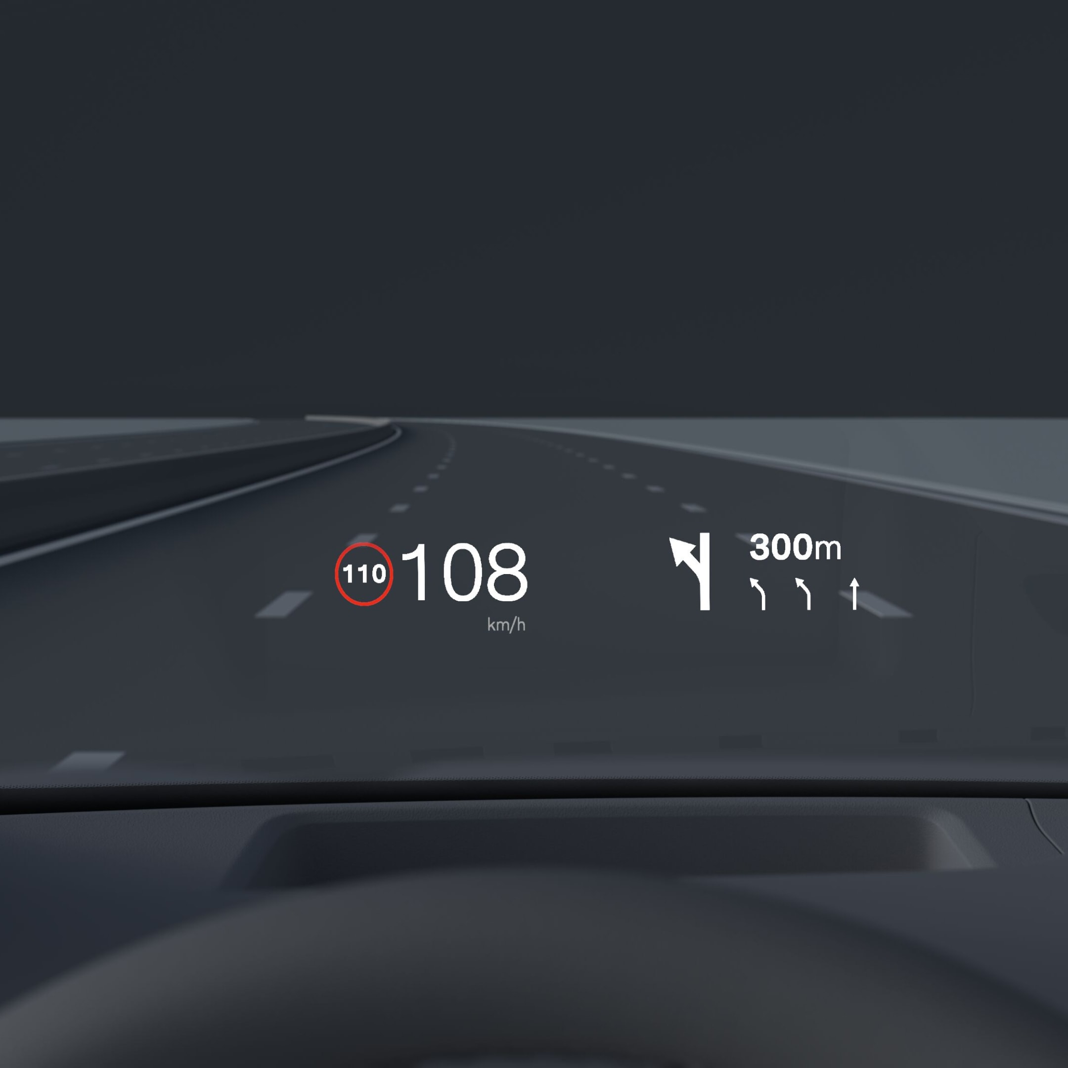 Inside a Volvo, head-up display showing driving speed and navigation on the windshield. 