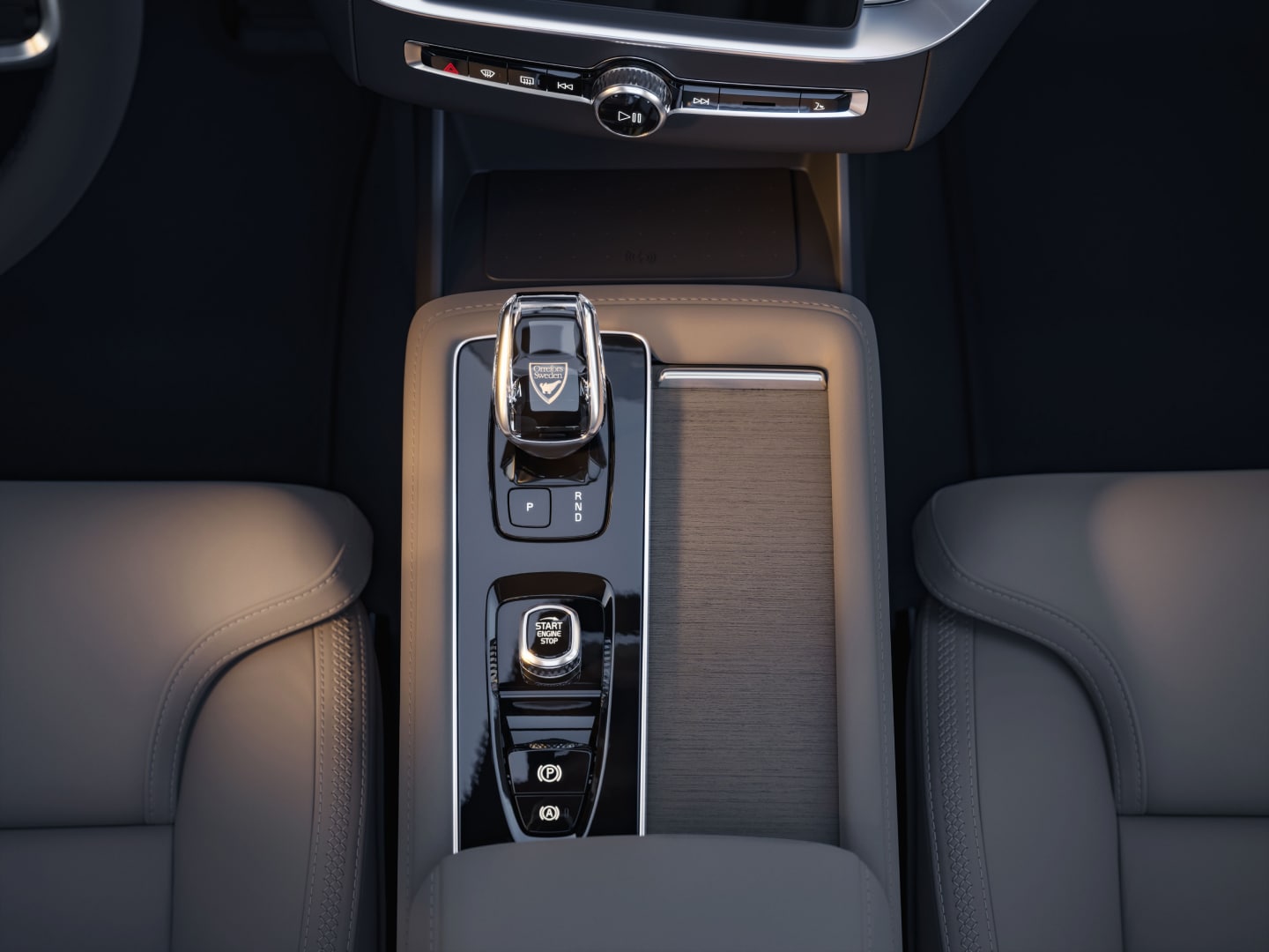 An interior high-angle shot of the XC90 plug-in hybrid gear shift.