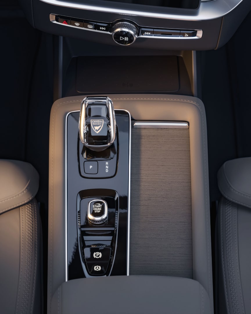 An interior high-angle shot of the XC90 plug-in hybrid gear shift.