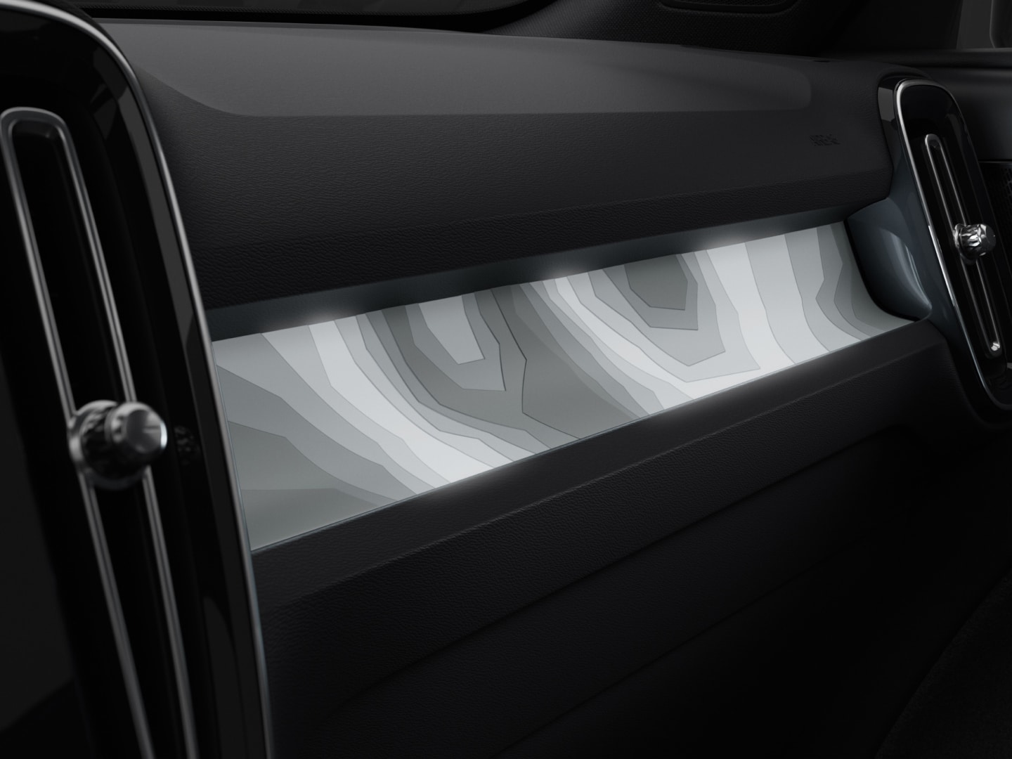 Vue intérieure de la voiture électrique familiale Volvo EC40 Black Edition.