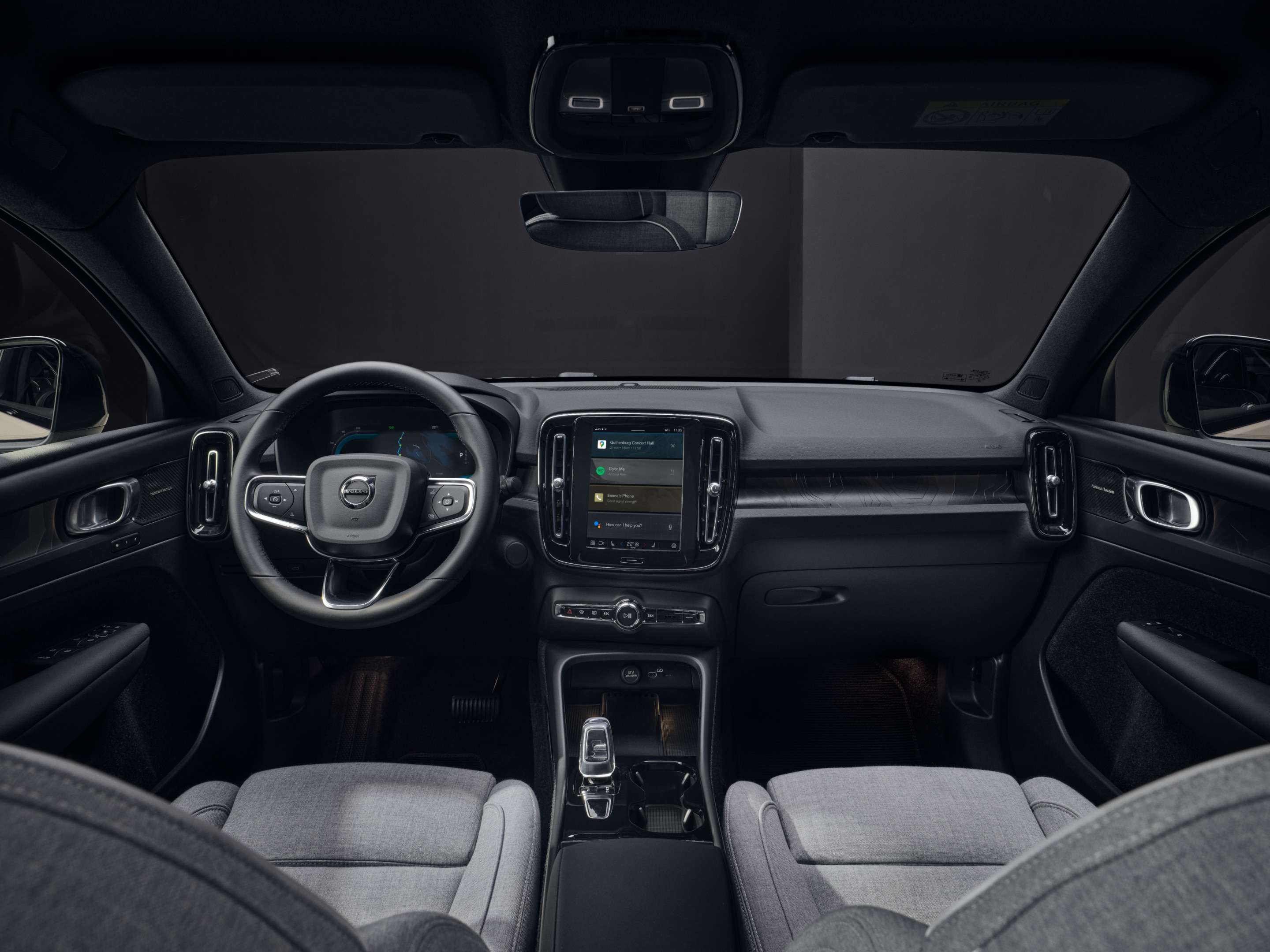 The fully electric Volvo EC40 infotainment, front seats and cockpit.