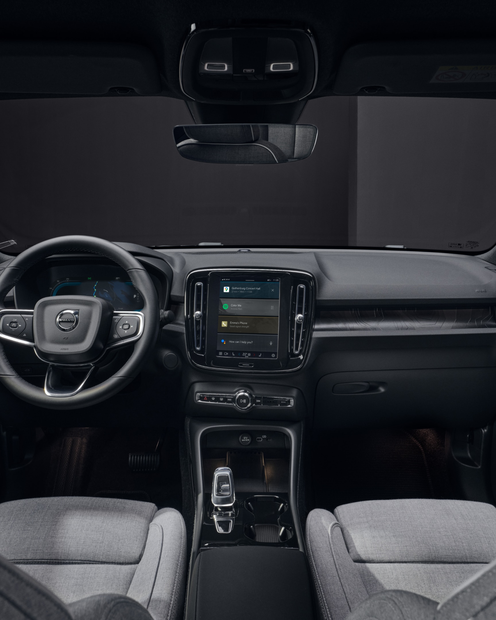 The fully electric Volvo EC40 infotainment, front seats and cockpit.