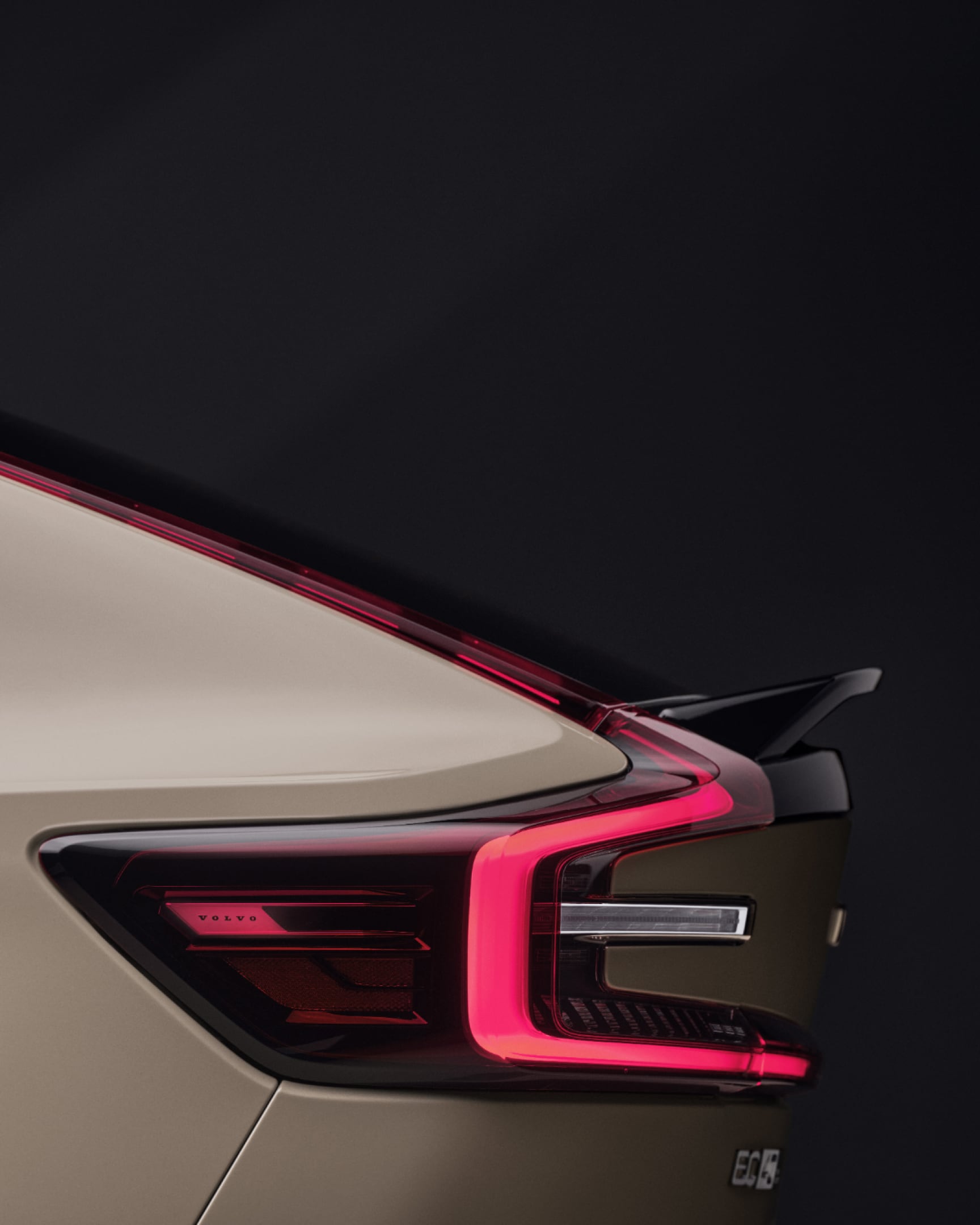 The sleek rear spoiler of the fully electric Volvo EC40.