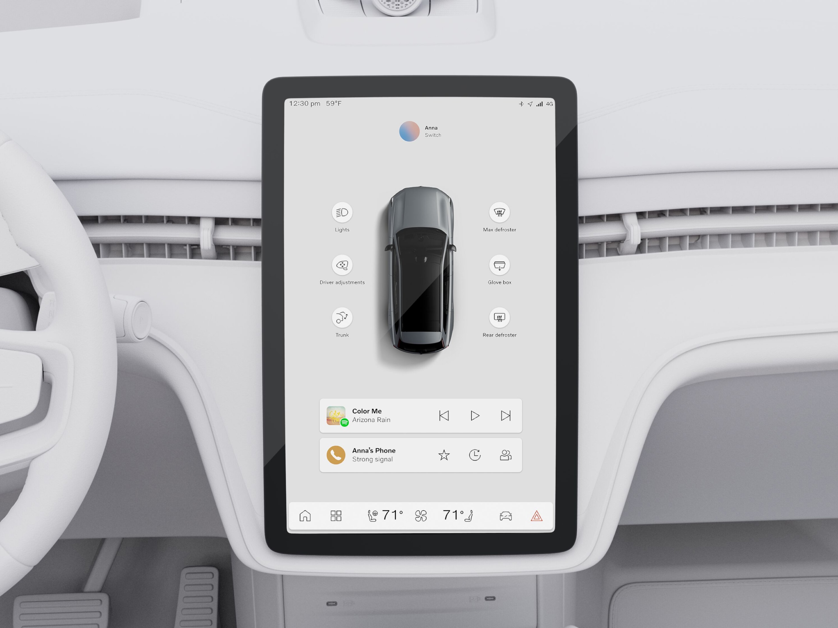 Εικόνα της κεντρικής οθόνης αφής από τα πίσω καθίσματα του αυτοκινήτου. Στην οθόνη προβάλλεται μια πανοραμική εικόνα του EX90 που περιβάλλεται από widget.