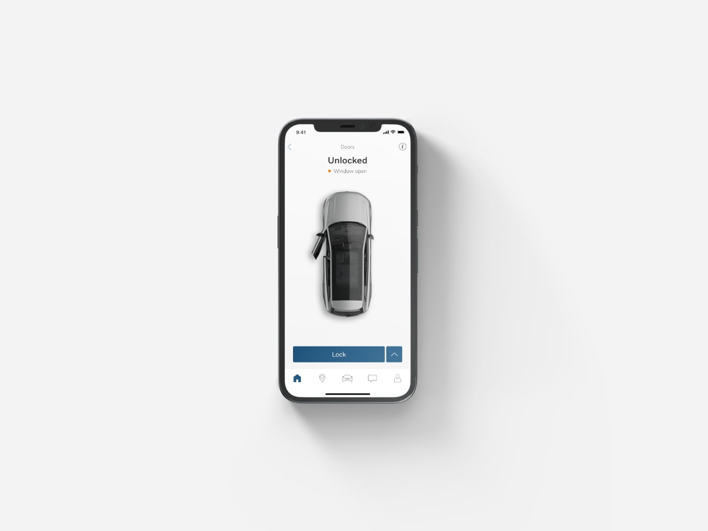 Prednja slika pametnog telefona koja prikazuje funkciju zaključavanja i otključavanja vrata u Volvo Cars app.