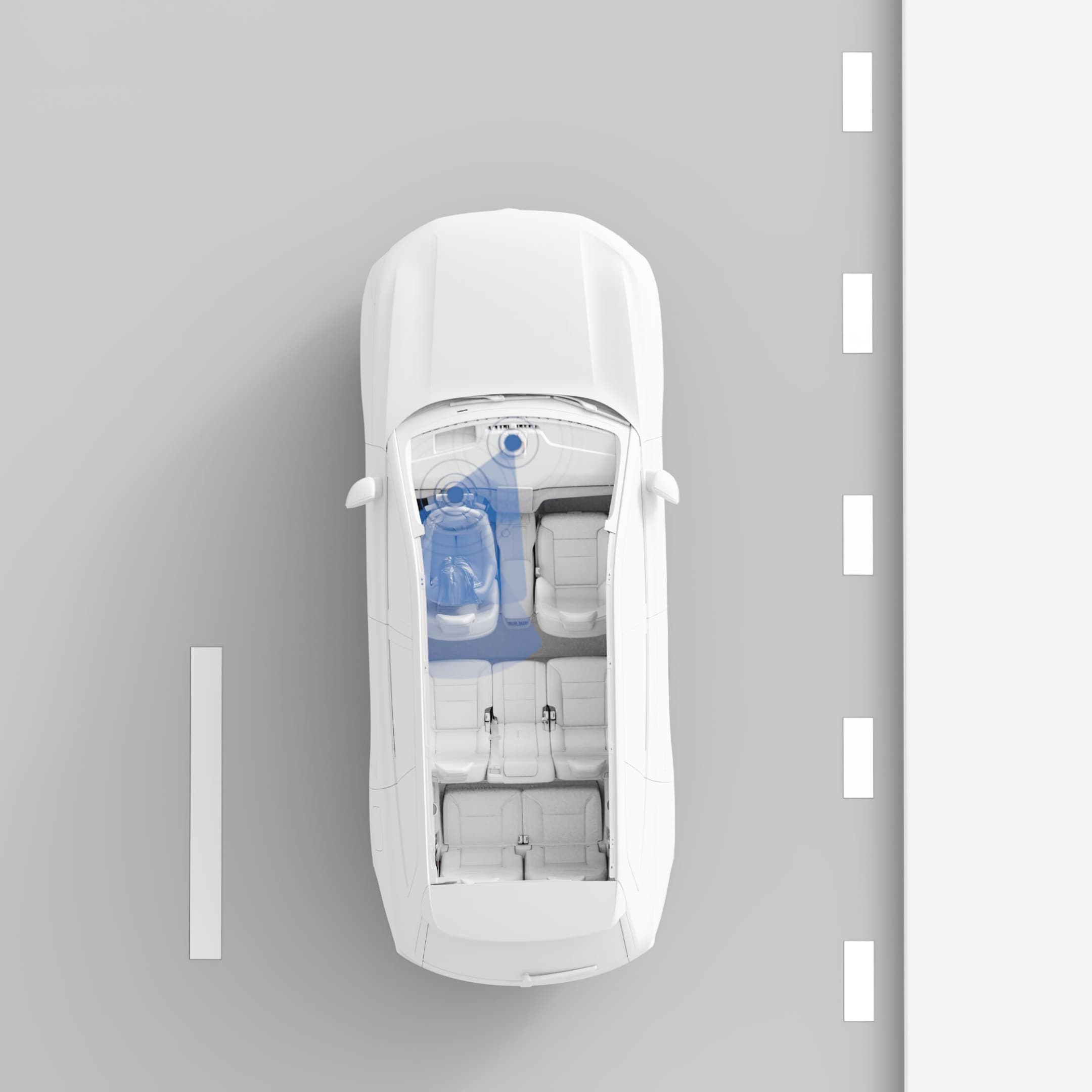 Vedere de sus a modelului EX90. Senzorii de percepere a condusului și camerele monitorizează șoferul.