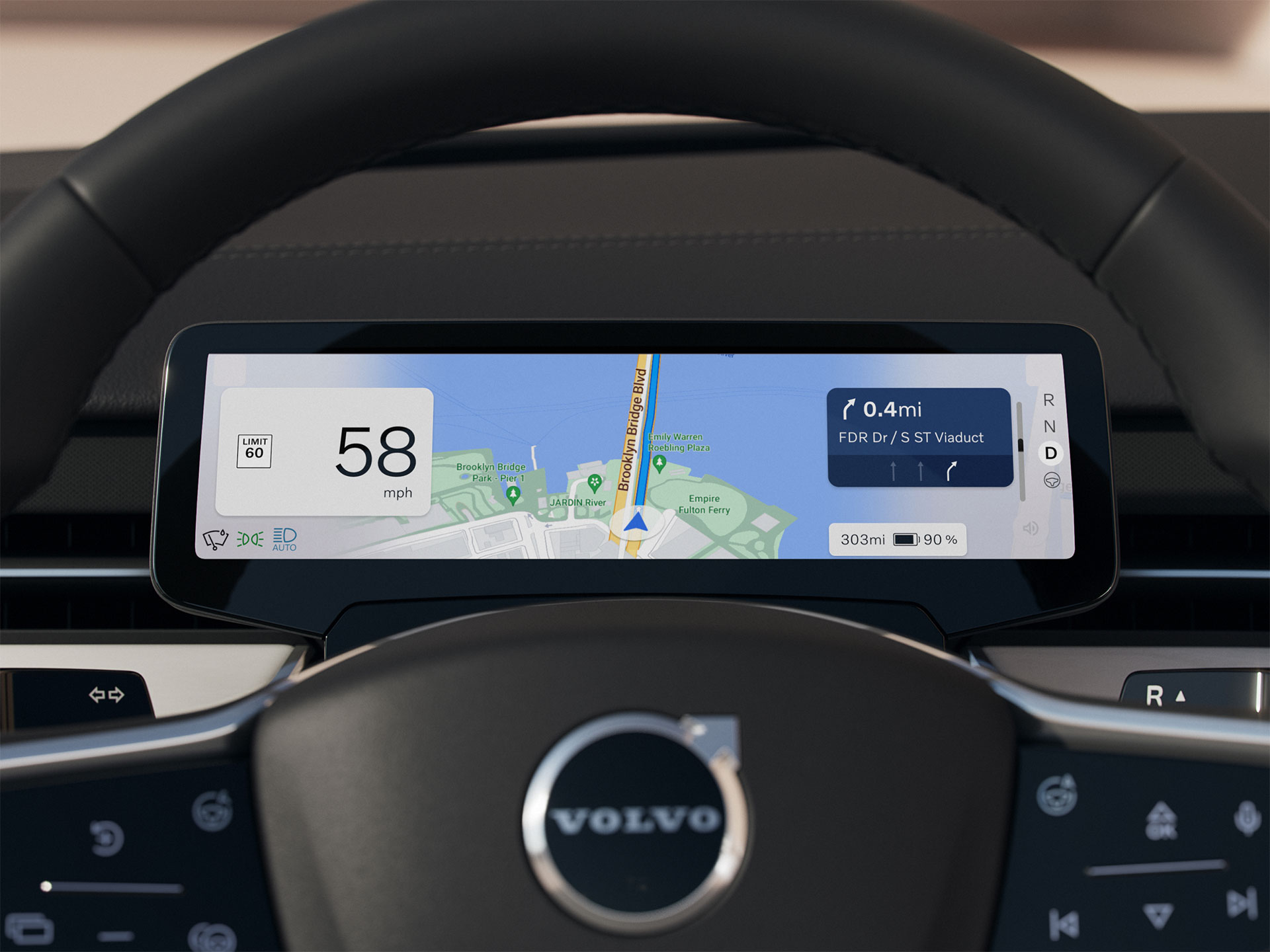Зображення сенсорного дисплея водія зблизька, огляд із сидіння водія. На екрані відображається основна інформація для водія.