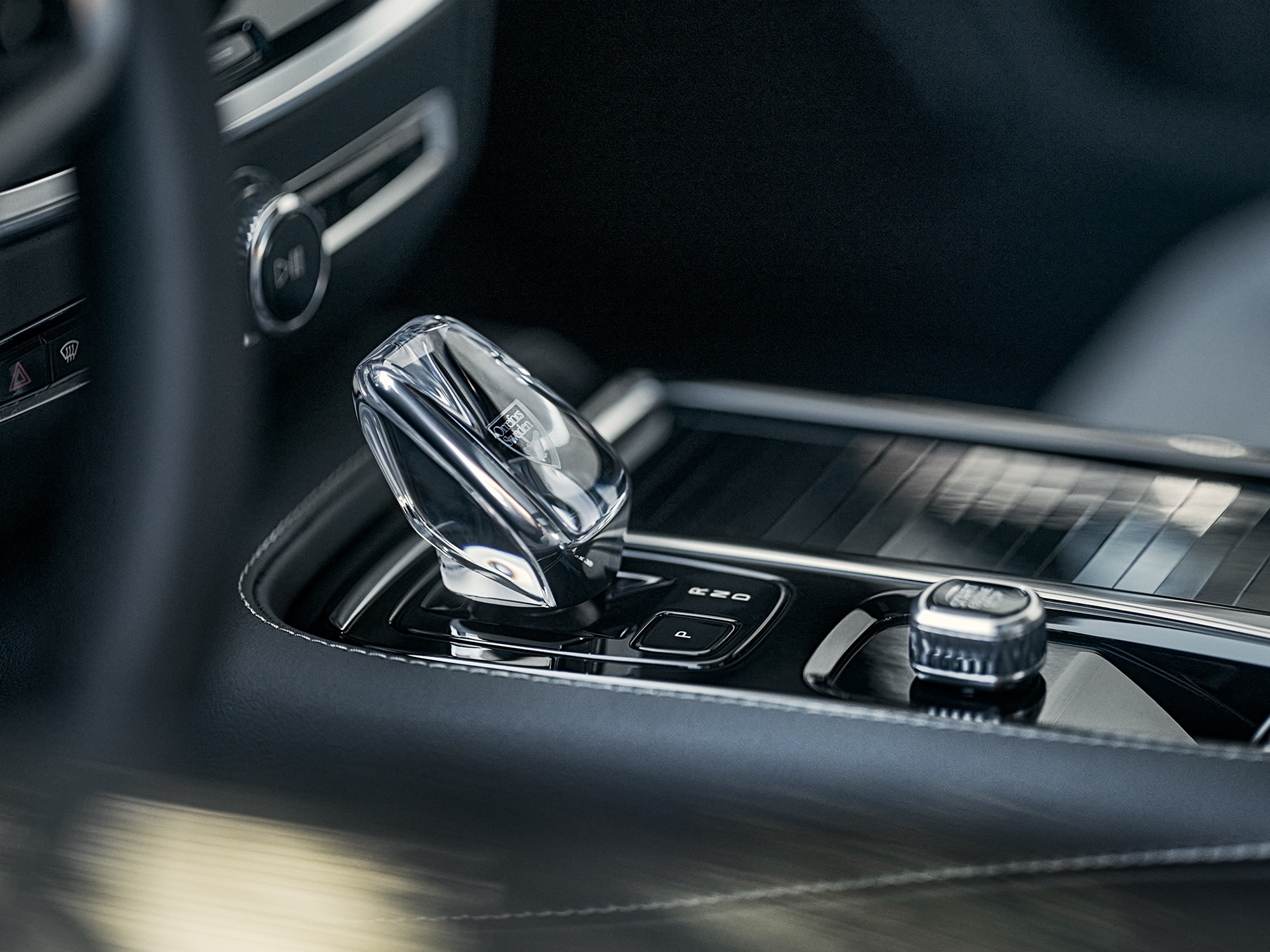 Start button and crystal gear shifter in the centre console of the Volvo S60 Recharge plug-in hybrid.