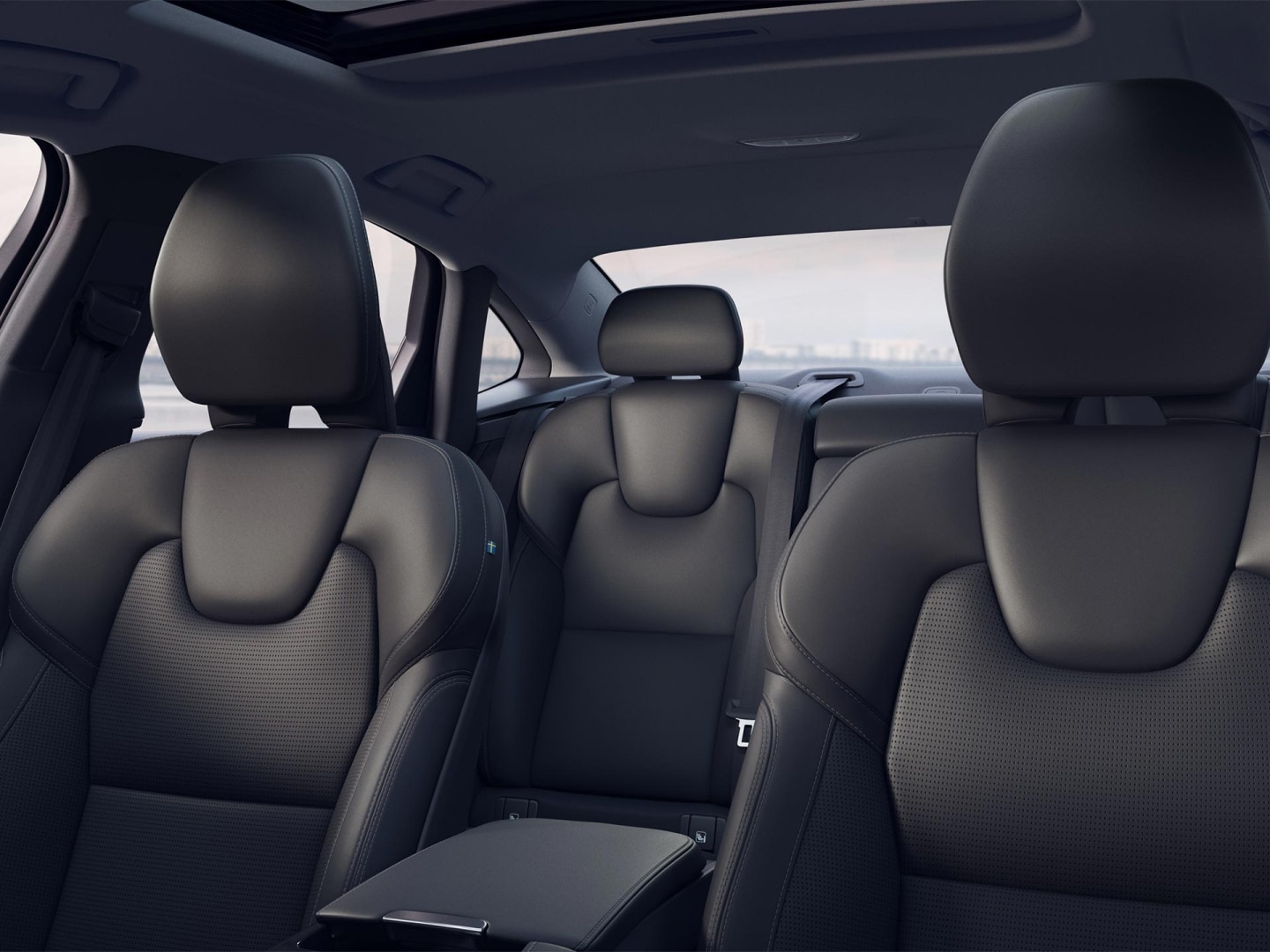 Interior view of the seats in charcoal Nappa leather inside a Volvo S90.
