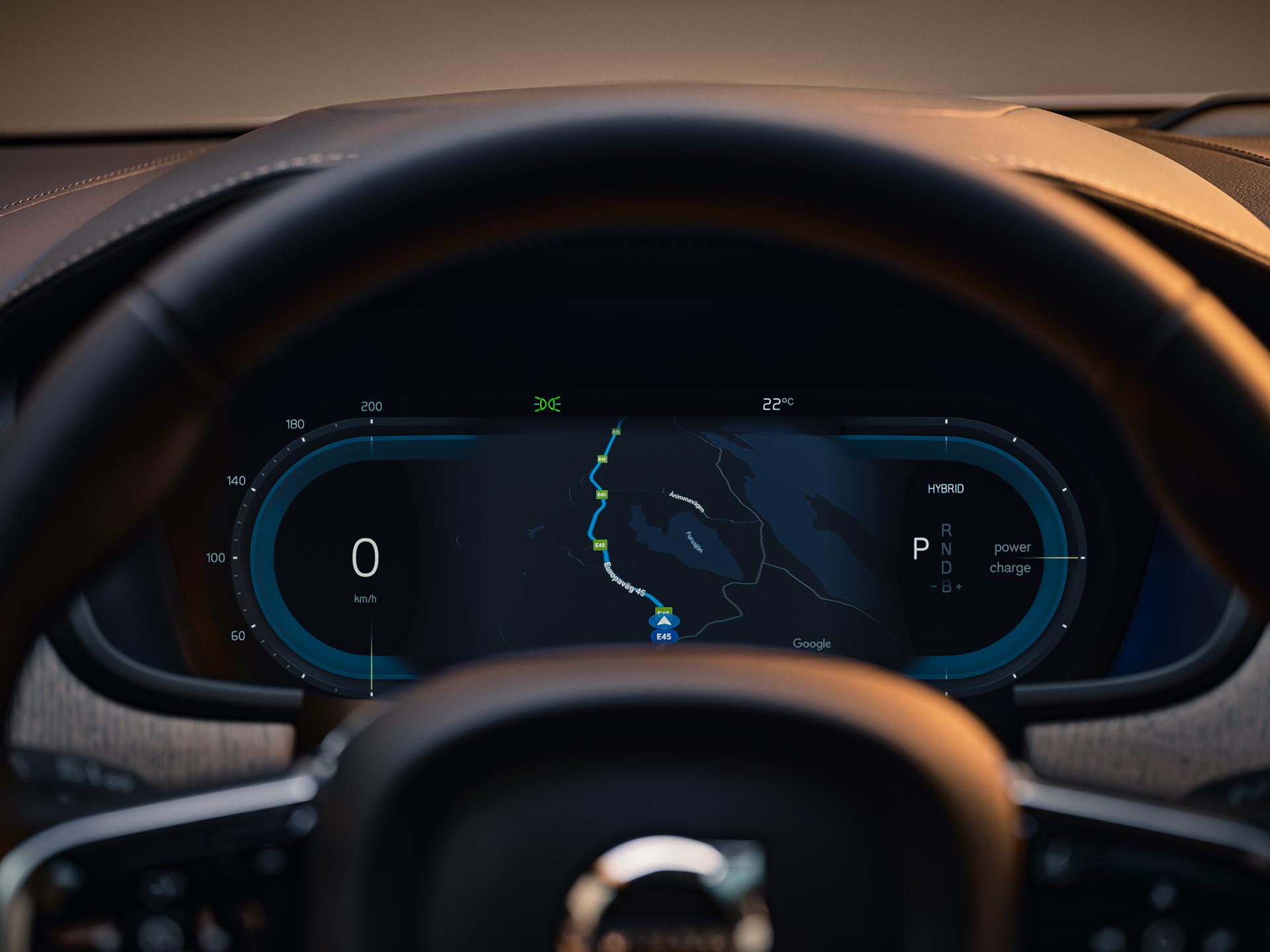 Close-up image of the driver display from the inside of a Volvo S90 Plug-in hybrid.