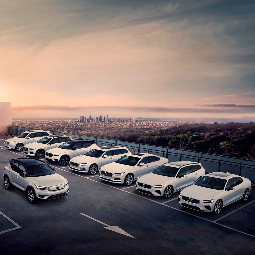 Gama completa de vehículos Volvo color blanco en un estacionamiento