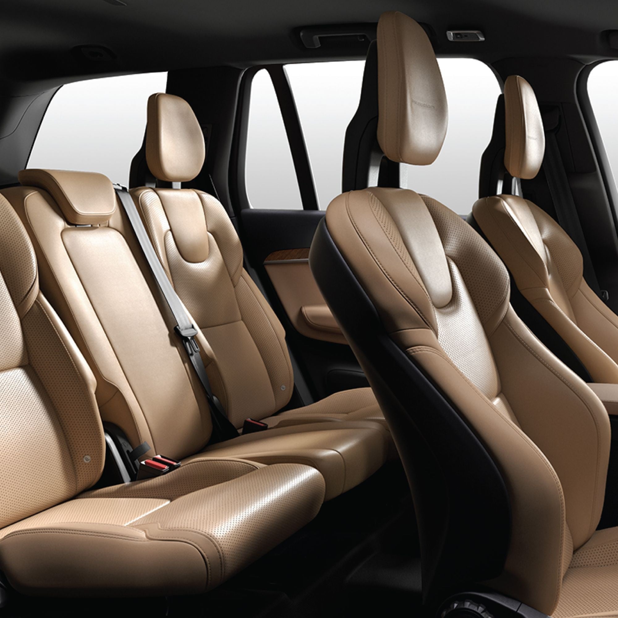 Interior close-up of a leather front seat in a Volvo XC60.