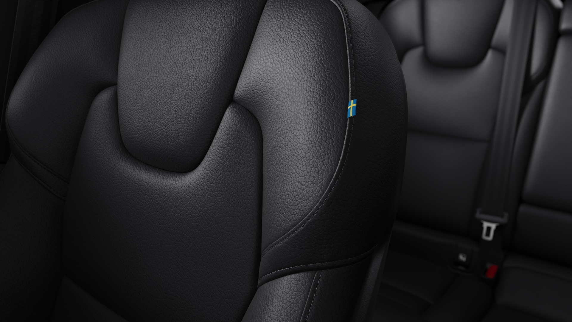 Interior close-up of the leather free Tailored Wool Blend seats in a Volvo XC60 Recharge.