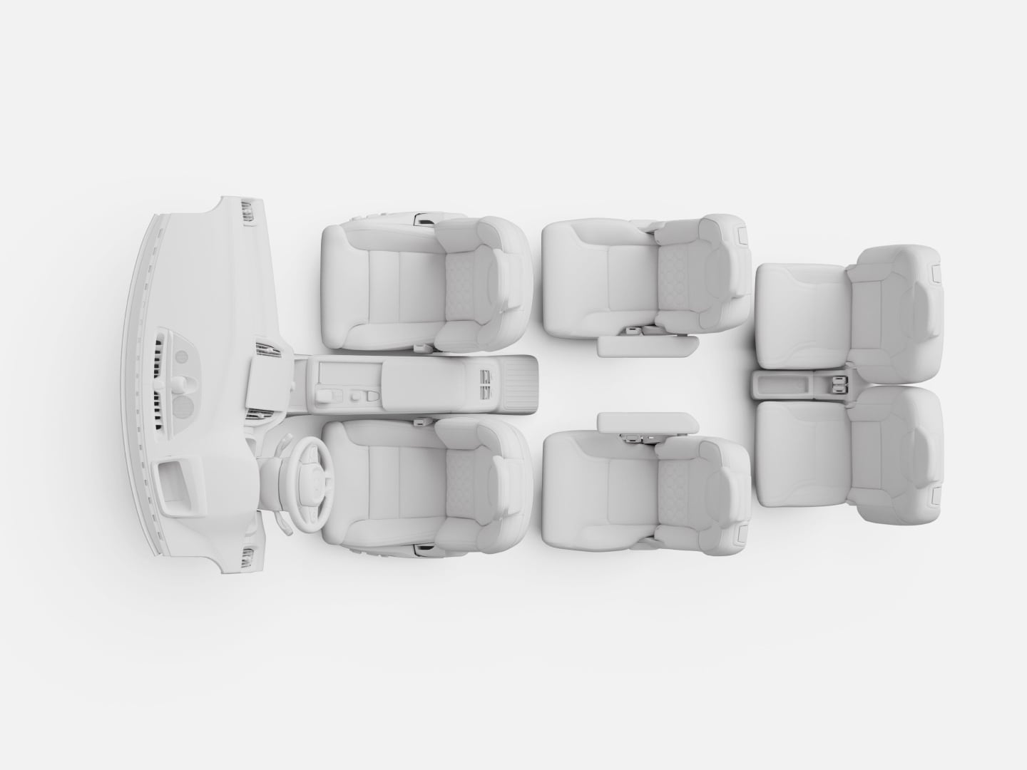 Top-down graphic of new XC90 showing 6-passenger configuration with new integrated armrest and cupholder design